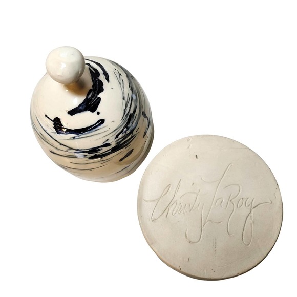 Artist Signed Studio Art Pottery Butter Dish Lid With Base Black and Gray Swirls - Picture 2 of 9